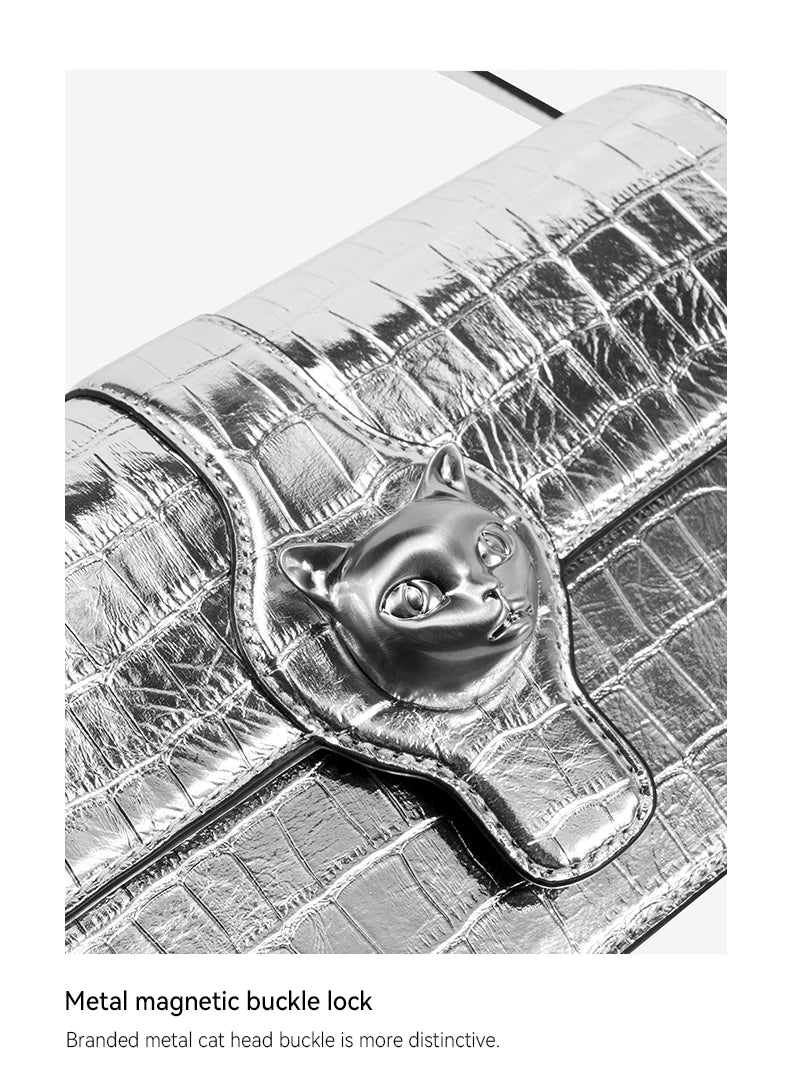 BAFELLI 2025 NEW WOMEN'S LUXURY BAGS CAT BRAND FASHION HANDBAG SILVER LEATHER CLUTCH STYLISH EVENING CASUAL PURSE HIGH QUALITY