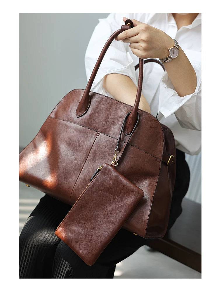 Women's Genuine Leather Large Capacity Tote Bag Female Retro Luxury Briefcase Vintage Cowhide Shoulder Handbag