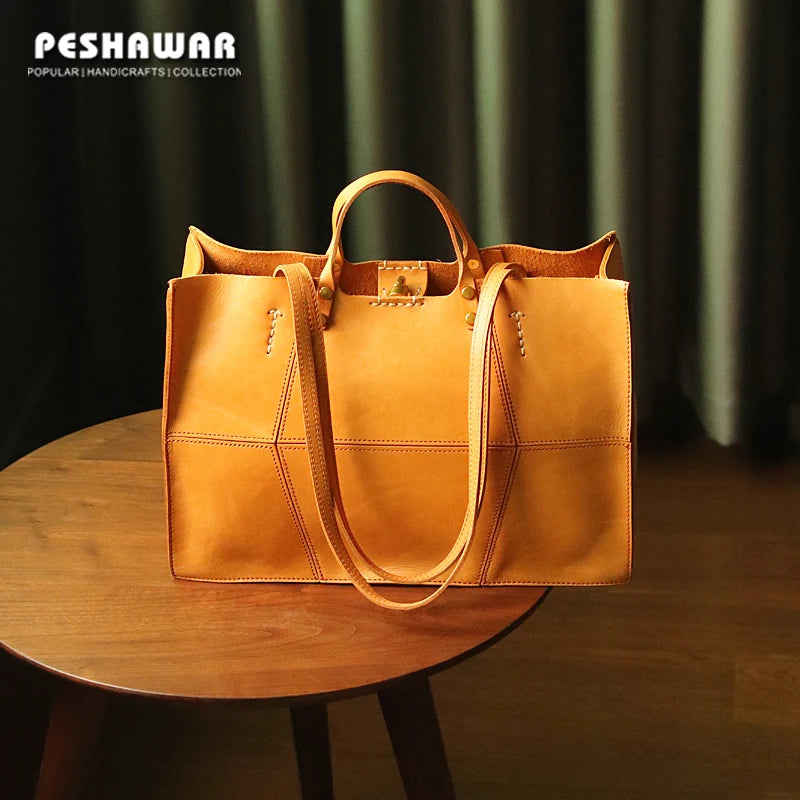 Genuine Leather Women's Handbags Cowhide Large Capacity Lady Tote Bag Niche Retro Commuter Portable Shoulder Bags 2025 New