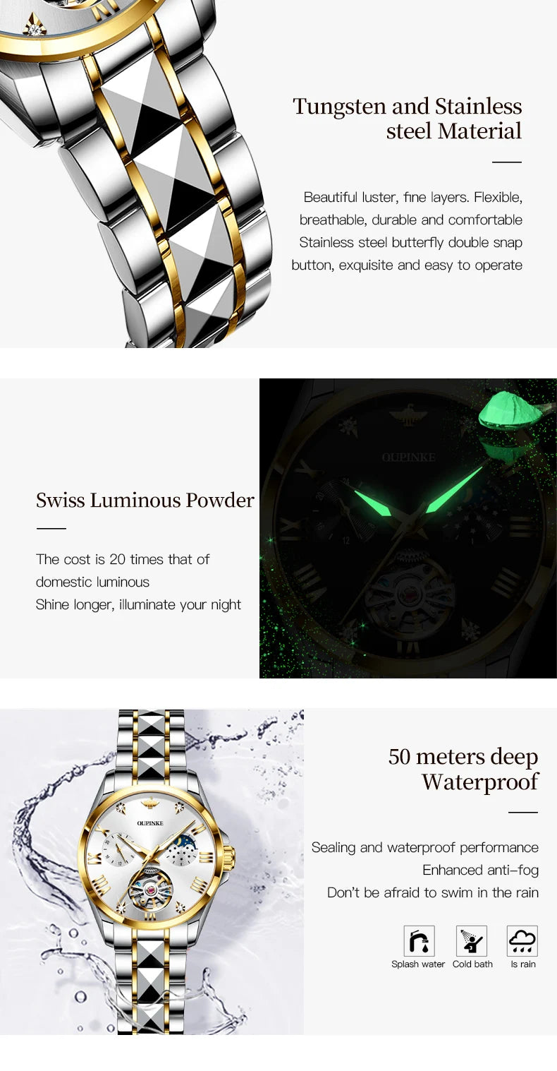 OUPINKE 3202 Women Watch Original Tungsten Steel Moon Phase Waterproof Watch Luxury Swiss Brand Women Automatic Mechanical Watch