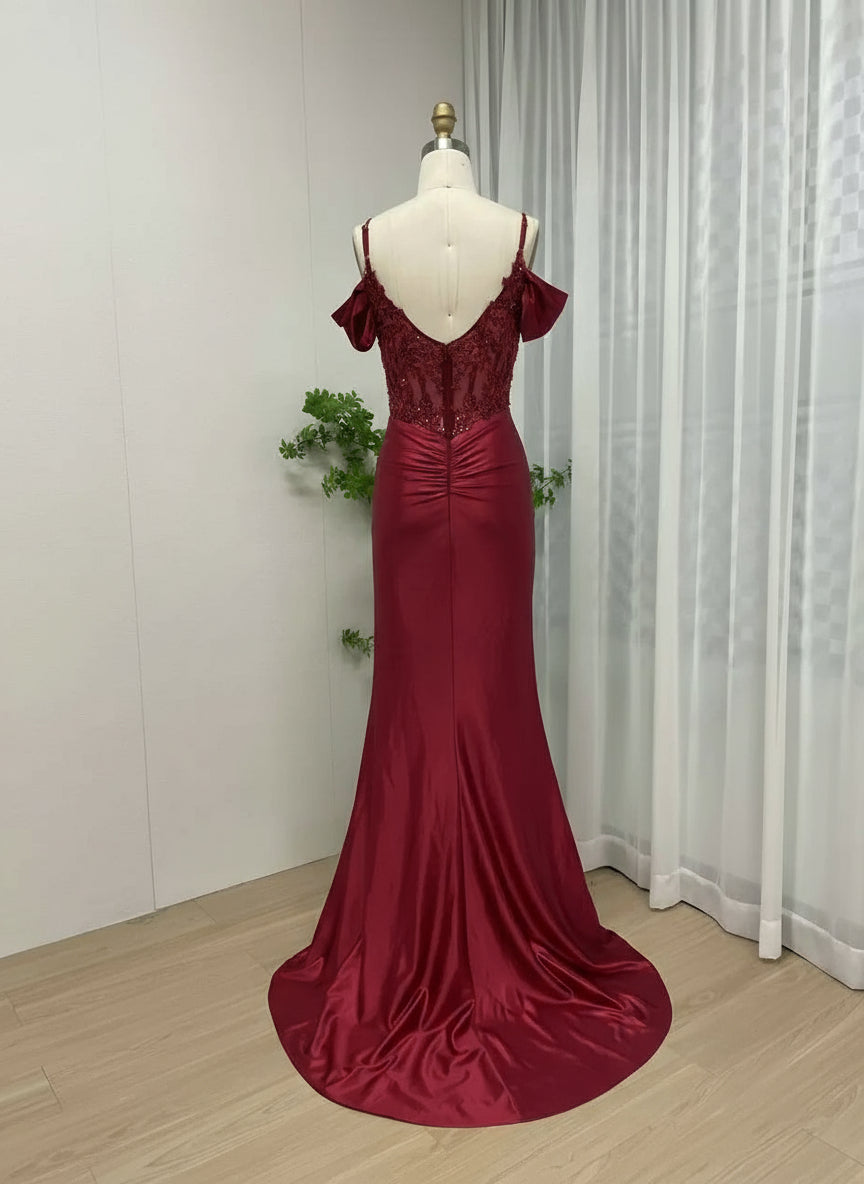 MYMB Wine Spaghetti Straps Women Sheath Bridesmaid Dresses Classic Off Shoulder High Slit Beaded Evening Gown vestidos de gala