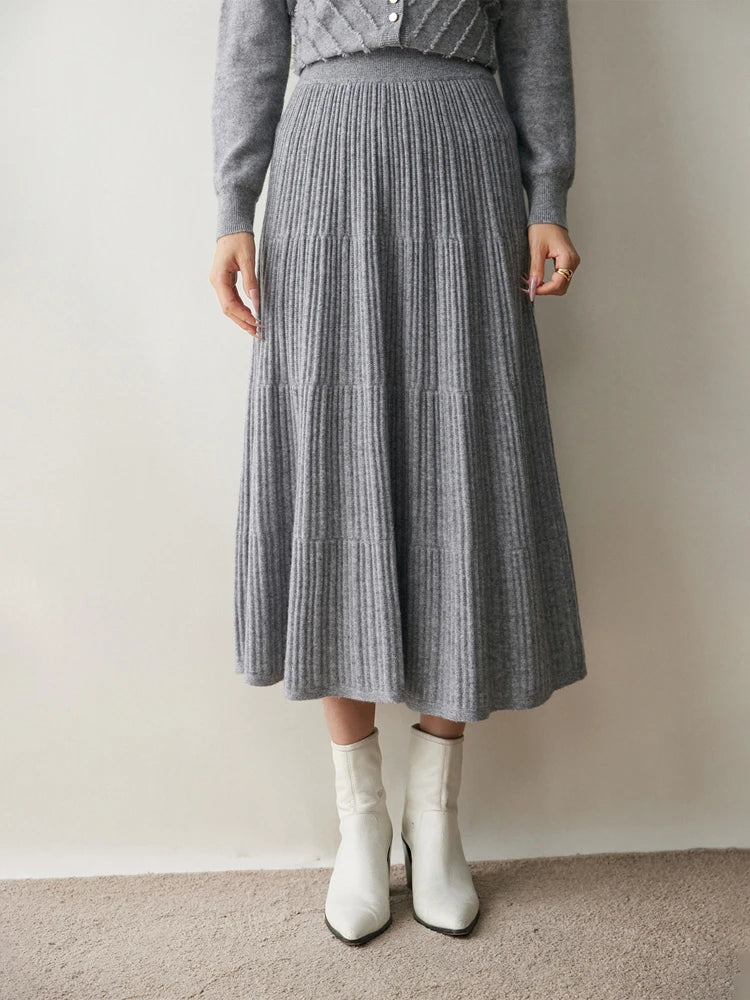 100% Cashmere Knitted Skirt Autumn Winter Women Elegant Tiered Pleats Slim A-line High Waisted Soild Office Lady Dress High-end