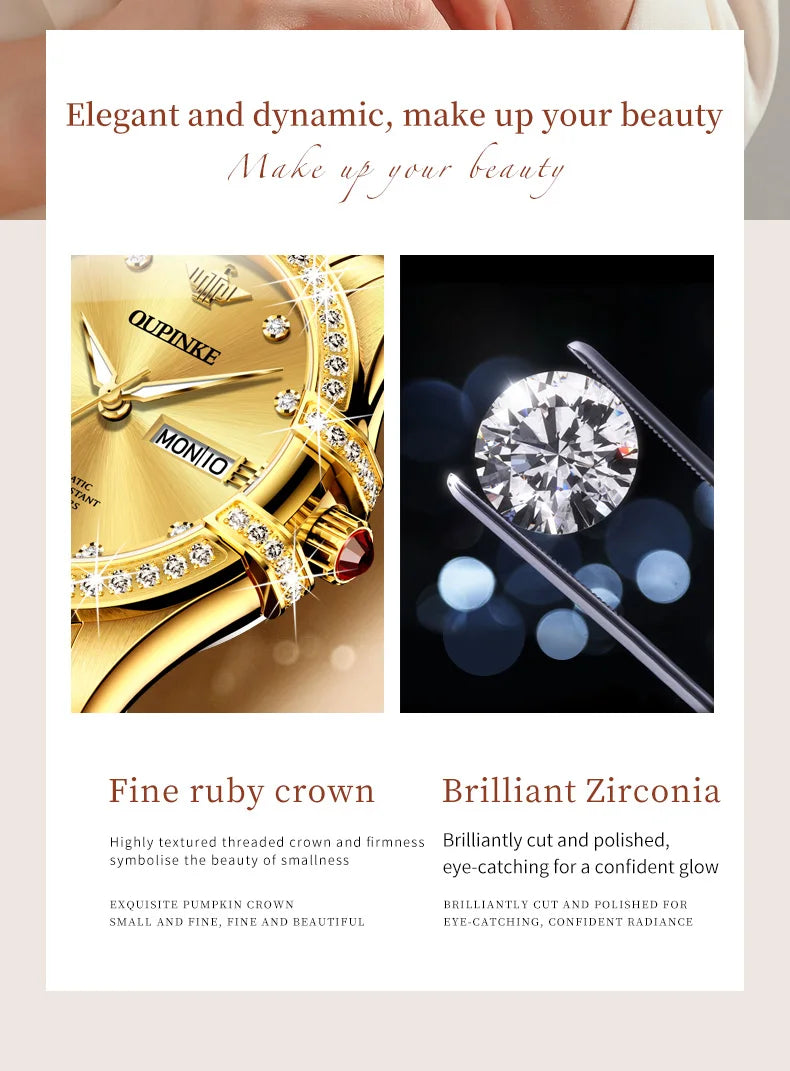 OUPINKE 3195 Japan Imported Automatic Movement Mechanical Watch for Women Diamond Ladies Watch Waterproof Dual Calendar Watch