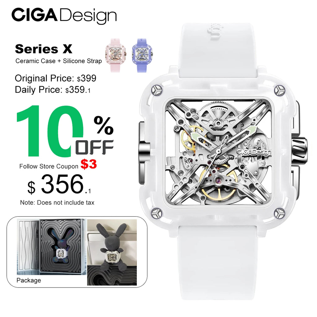 CIGA Design X Series Automatic Movement Couple Watches for Men Women White Ceramic Luminous Skeleton Mechanical Wristwatches