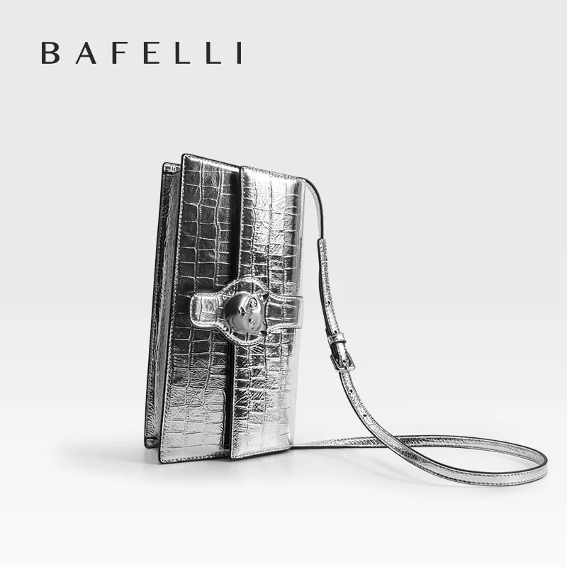 BAFELLI 2025 NEW WOMEN'S LUXURY BAGS CAT BRAND FASHION HANDBAG SILVER LEATHER CLUTCH STYLISH EVENING CASUAL PURSE HIGH QUALITY