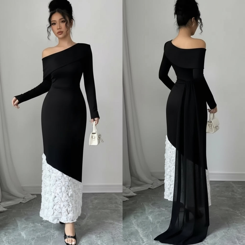 Customized Bridesmaid Evening Dress One Shoulder Satin Flowers Sheath Sexy Backless Court Prom Arab Gown with Long Sleeve