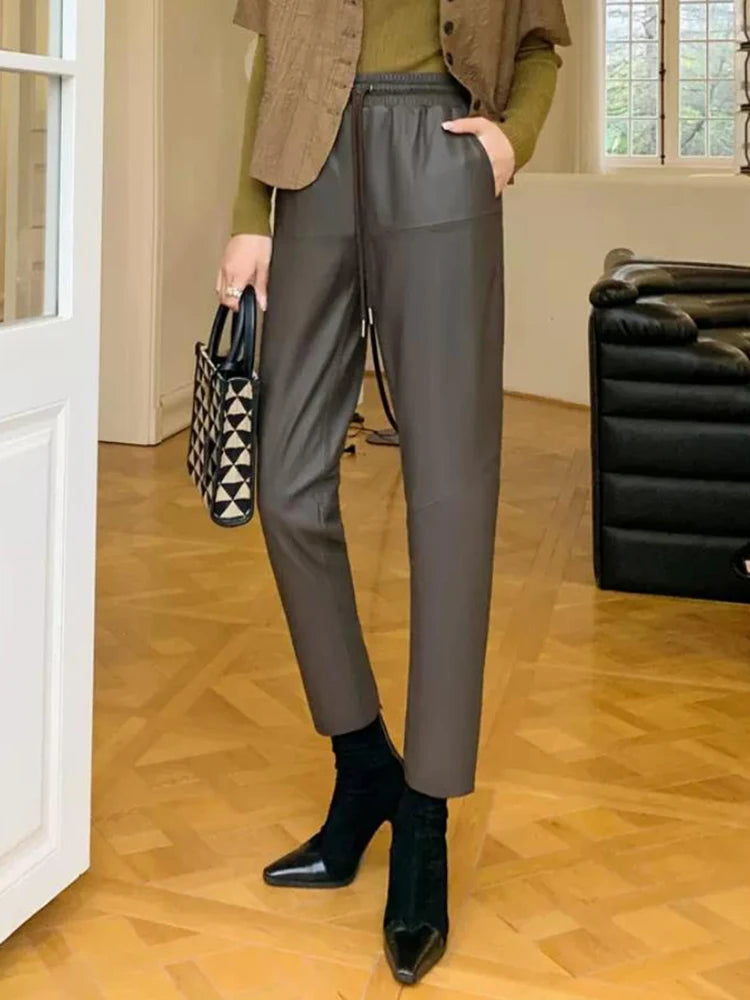 Genuine Leather Pantalon Pour Femme Sheepskin Elastic Waist Drawstring Black/Gray Cropped Trousers Straight Leg Pencil Pants