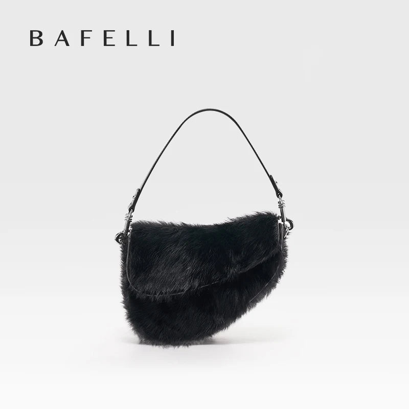 BAFELLI 2025 NEW WOMEN'S HANDBAG TREND GENUINE LEATHER FASHION STYLE WINTER SADDLE FUR BAGS LUXURY BRAND DESIGNER SHOULDER PURSE
