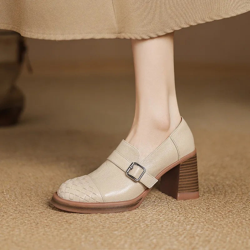 Women Genuine Leather Pumps Solid Color Fashion Simple Elegant All Season Daily Wear High Heels ≥5cm