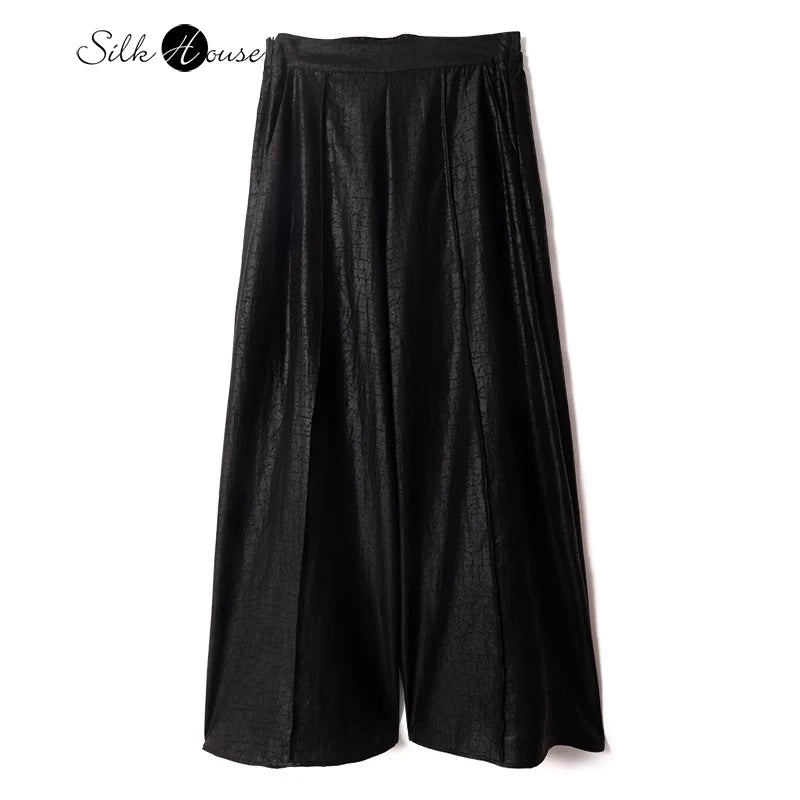 2025 Women's New Black Turtle Crack 100%Natural Mulberry Silk Fragrant Cloud Gauze Turtle Pattern Loose Straight Tube Pants