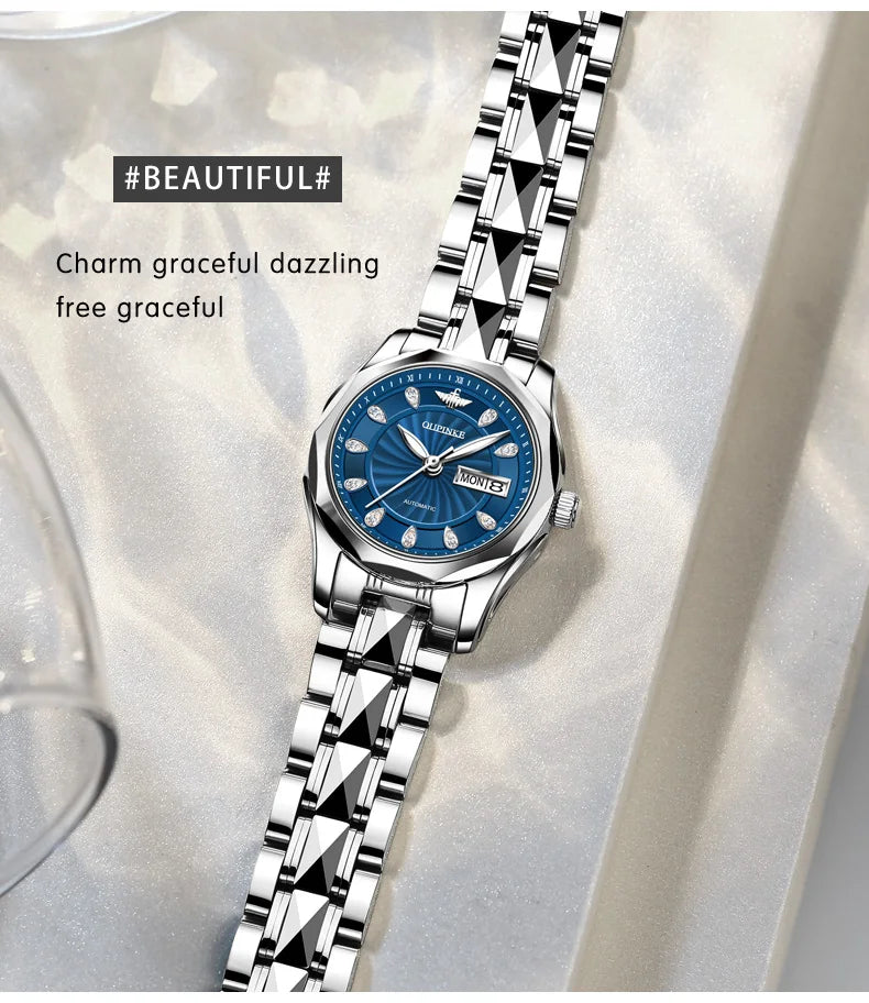 OUPINKE 3172 Fashion Simple Women Watch Gold Luxury Automatic Movement Mechanical Watch Business Calendar Elegant Women Watch