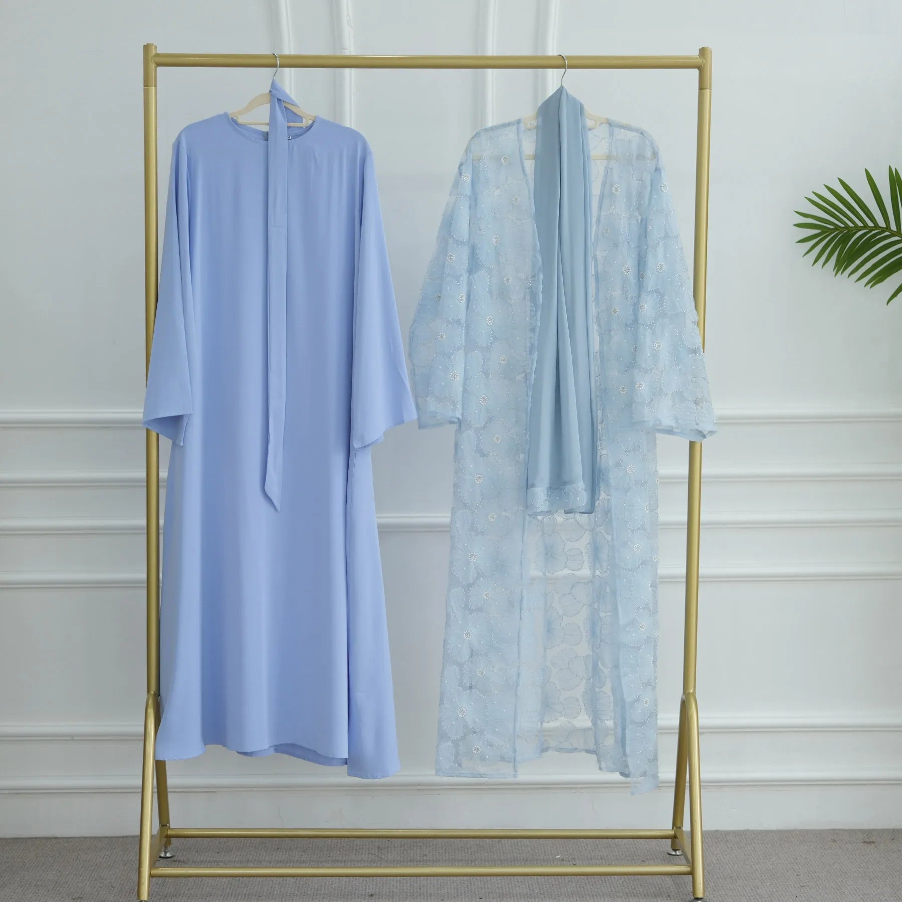 Luxury Dubai Lace Beads Cardigan Muslim Sets Women Hijab Abaya Kimono Jalabiya Ramadan Turkey Kaftan Robe Islam Clothing Caftan