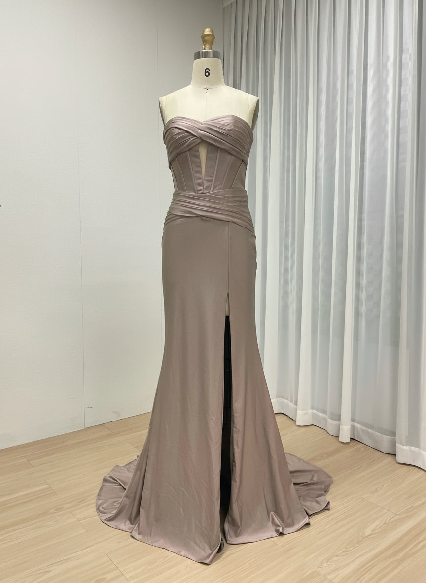 MYMB Gorgeous Caramel Strapless Evening Gown with Chic Ruched Details High Slit Flattering Fit Ideal for Prom Weddings MC20074