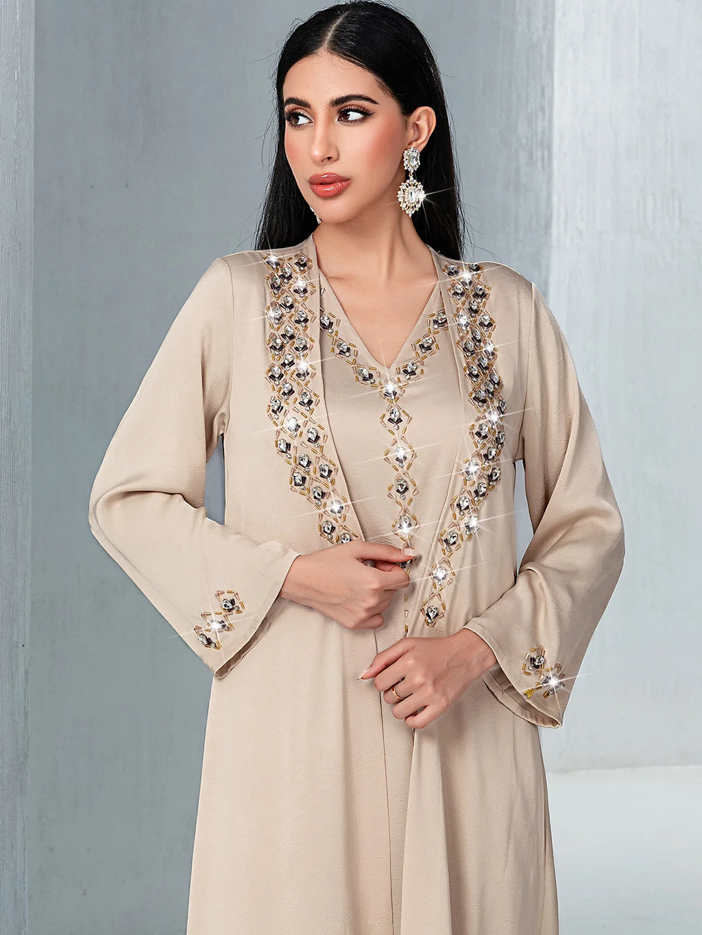 Dubai Diamonds Abayas for Women Muslim Dress 2pcs Set Kimono Jalabiya Kebaya Caftan Marocain Femme Robe Islam Clothing Vestidos