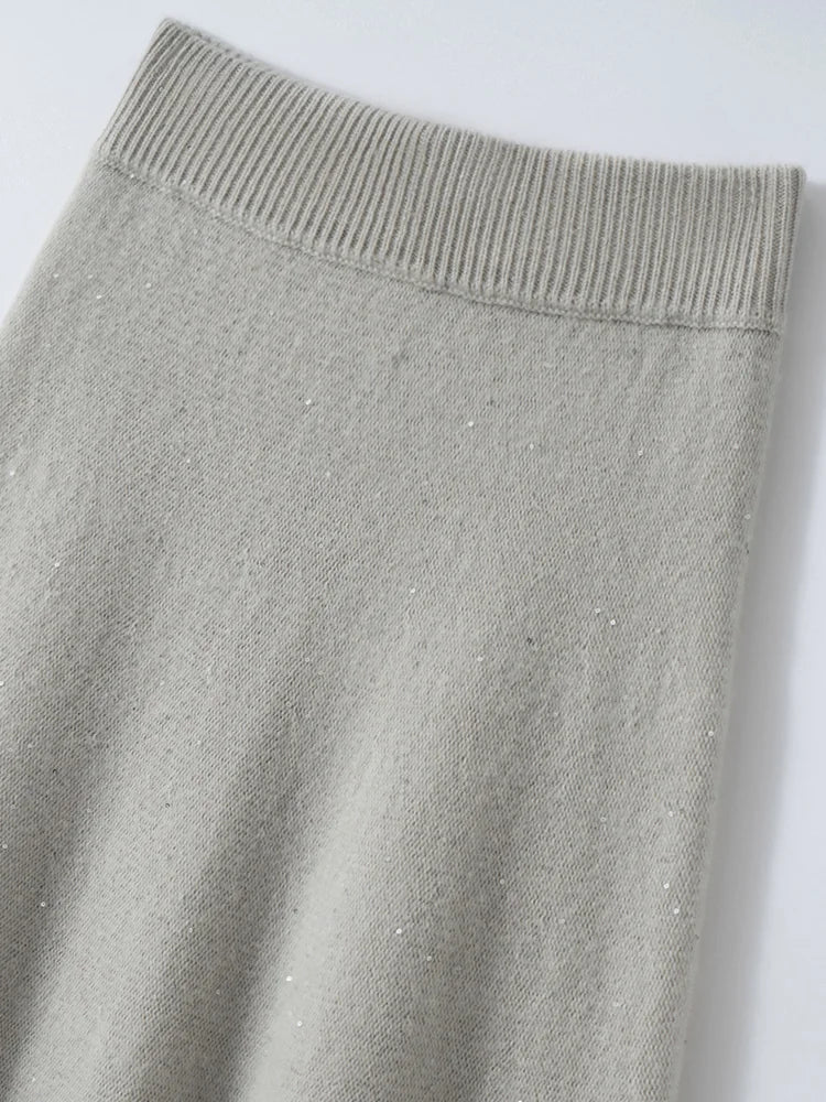 Luxury Women 100% Cashmere  Skirt Autumn Winter Thick Vintage Simple Style Sequined Umbrella Skirt Soft Warm  Knitted Skirt