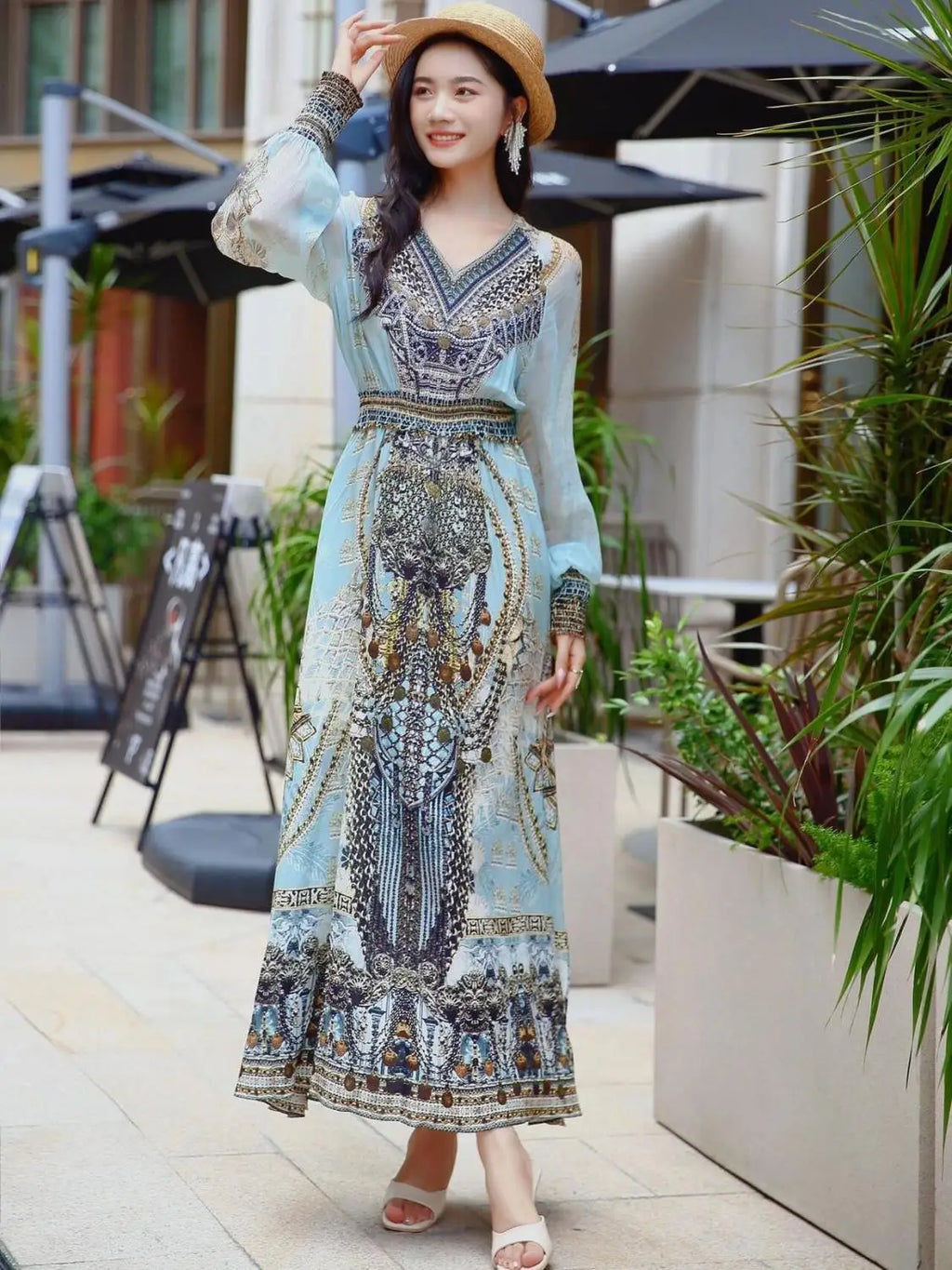 Spring Autumn New V-neck Long Sleeve Fashion Maxi Dress Women High Street Vintage Printing Dresses Elegant All-match Vestidos
