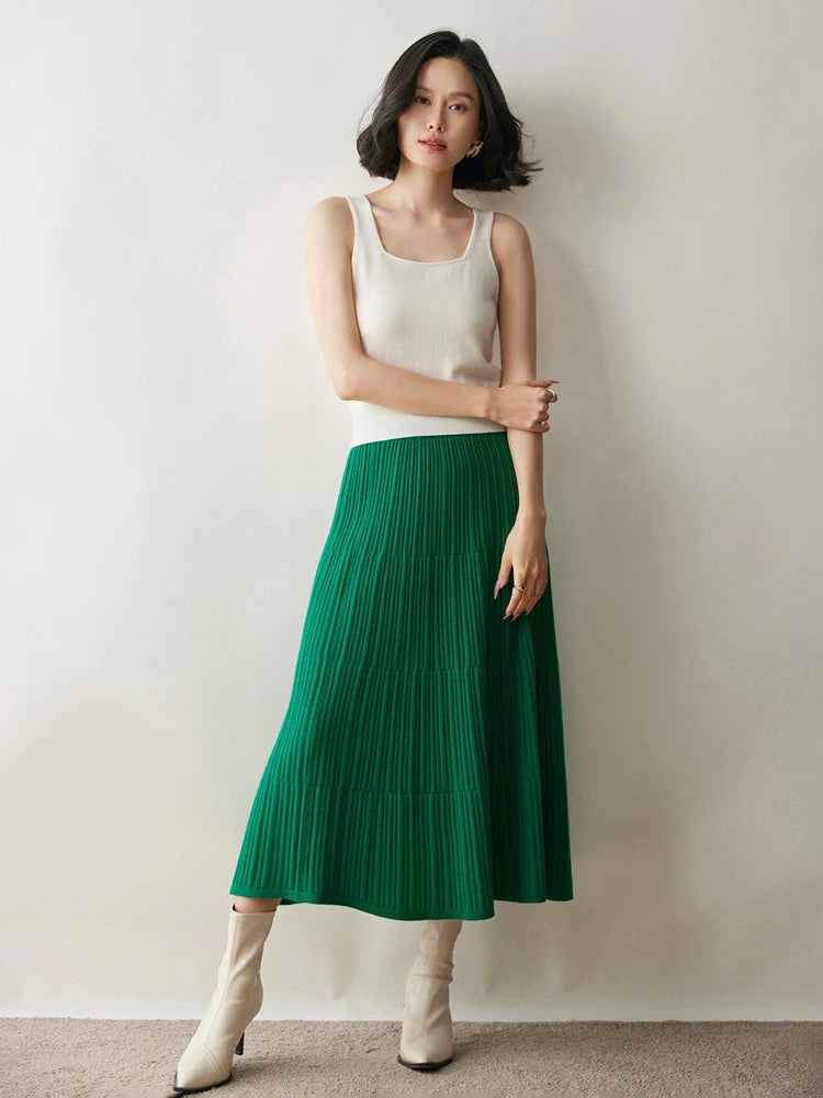100% Cashmere Knitted Skirt Autumn Winter Women Elegant Tiered Pleats Slim A-line High Waisted Soild Office Lady Dress High-end
