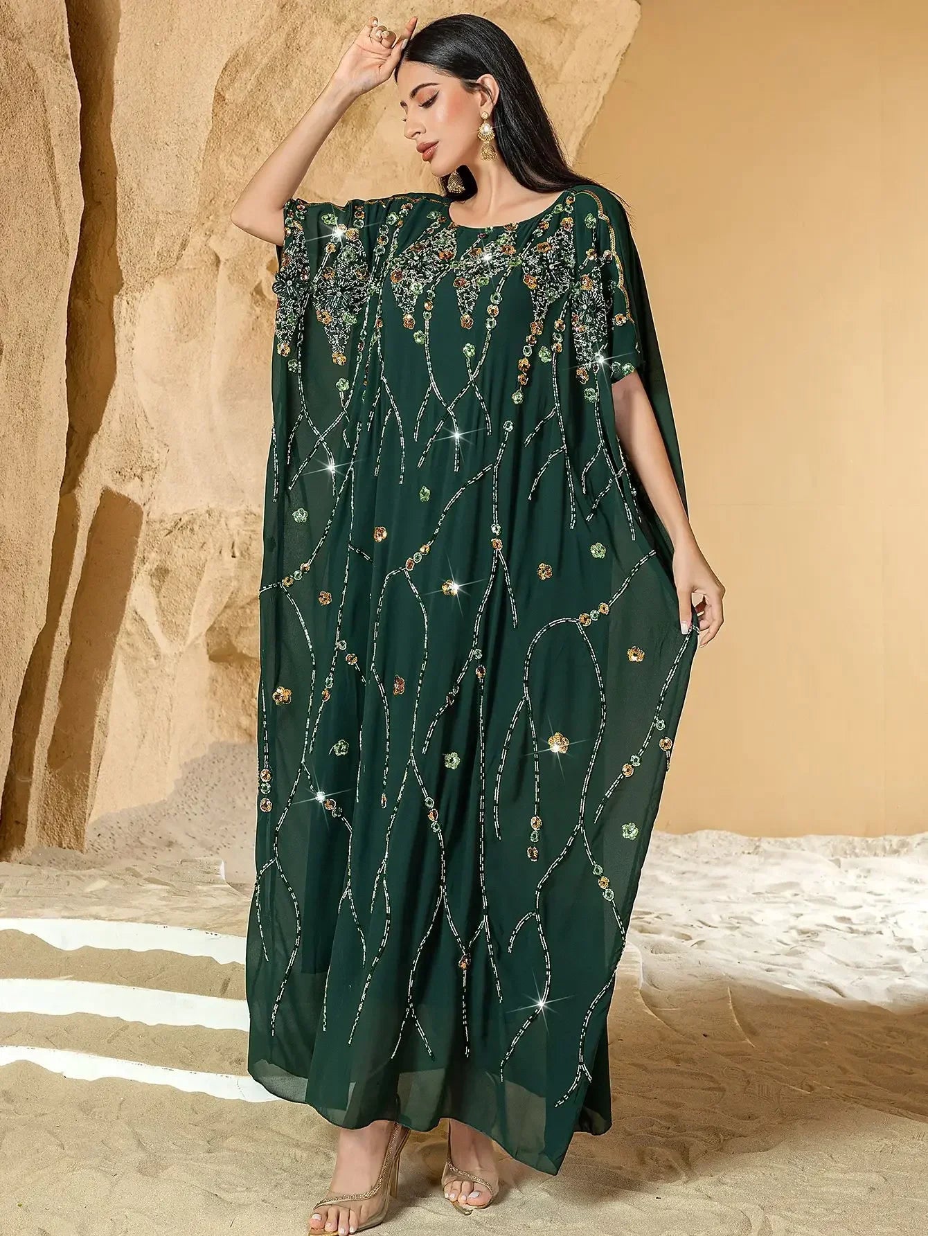 2025 Summer Eid Djellaba Morocco Sequins Embroidery Abayas Short Sleeve Dresses Jalabiya Dubai Turkey Kaftan Women Muslim Robes