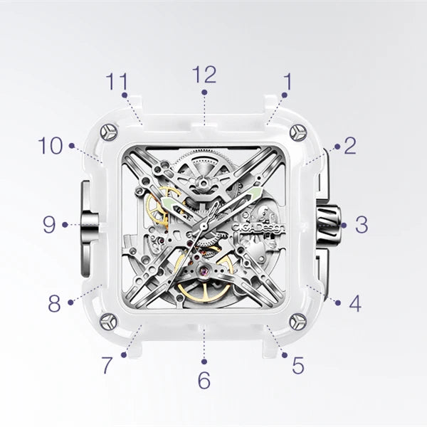 CIGA Design X Series Automatic Movement Couple Watches for Men Women White Ceramic Luminous Skeleton Mechanical Wristwatches