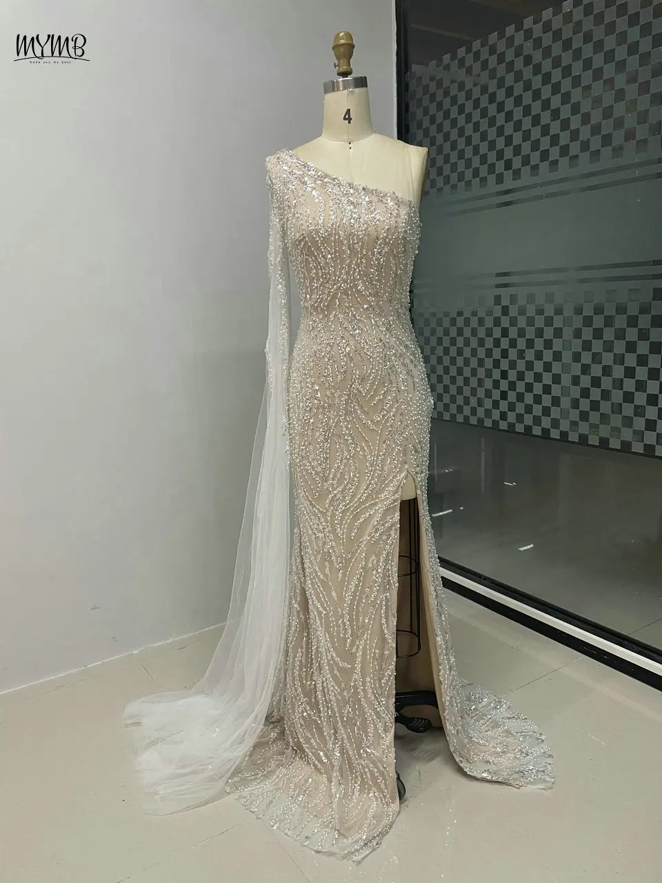 MYMB Champagne Amazing Beaded One Shoulder Mermaid Formal Occasion Dresses Sexy Cape Sleeve Evening Gowns with Side Split Y30023