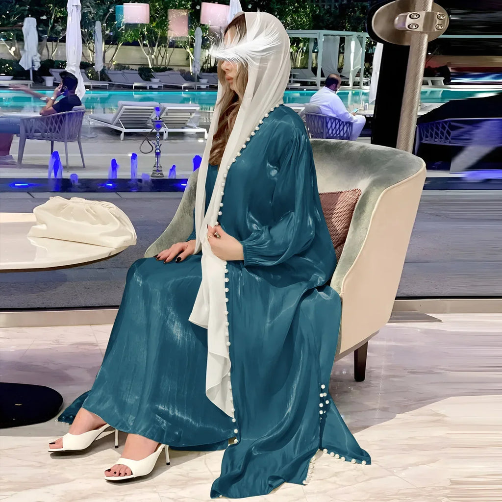 2025 Caftan Muslim Abaya Women Dress 2 Piece Set Abayas Gowns Dubai Arabic Silk Satin Kimono Cardigan Robe Outwear Autumn
