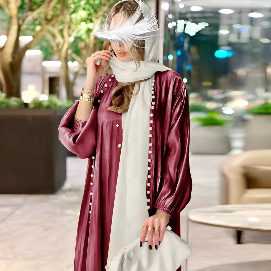 2025 Caftan Muslim Abaya Women Dress 2 Piece Set Abayas Gowns Dubai Arabic Silk Satin Kimono Cardigan Robe Outwear Autumn