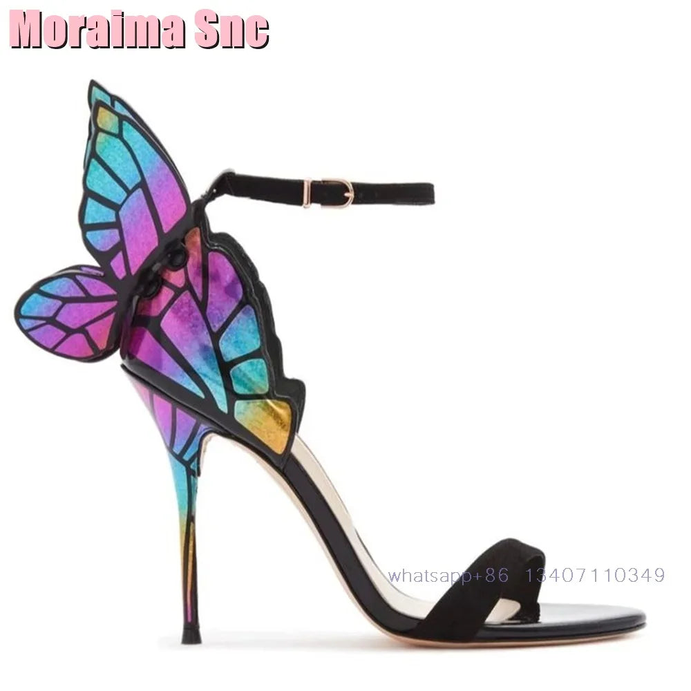 2025 New Back Butterfly Decor Wedding Shoes Bridal Sandals Stiletto High Heel Round Toe Ankle Buckle Bling Dress Shoes Banquet