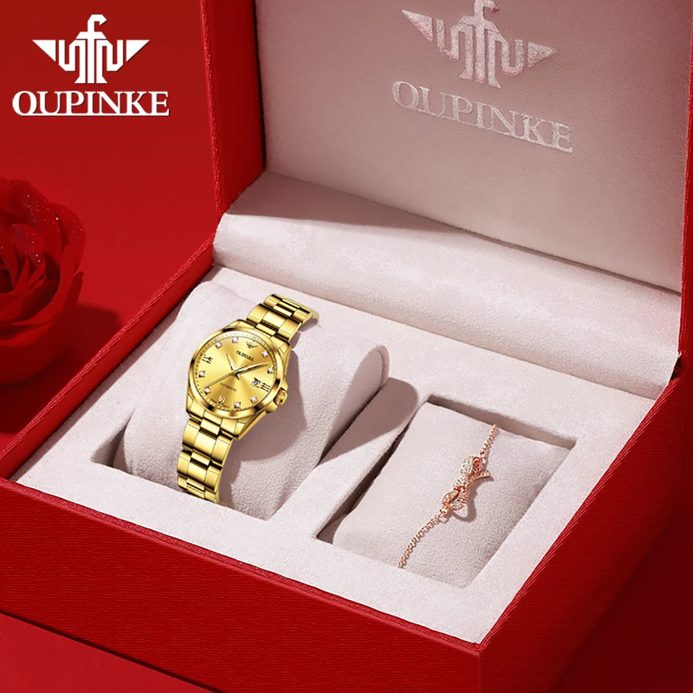 OUPINKE 3199 Real Diamond Swiss Automatic Watch for Women Original Top Brand Mechanical Women's Watches Luxury Ladies Wristwatch
