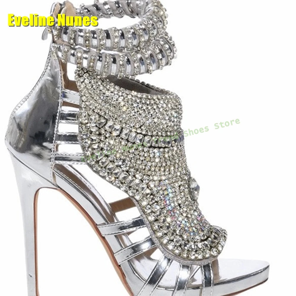 Luxury Blingbling Crystal Stiletto Sandals Open Toe Ankle Strap Patchwork Heavy Work Women Fashion Shoes Street Style Party 2025