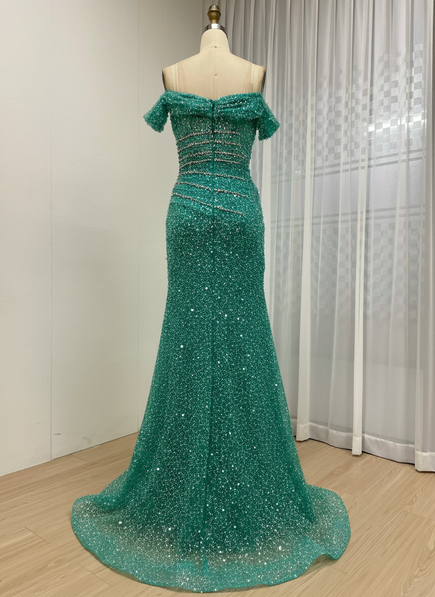 MYMB Fashion Sparkly Luxury V Neck Off Shoulder Green Beaded Sequins Mermaid Prom Party Evening Dresses Gowns for Women MY30185
