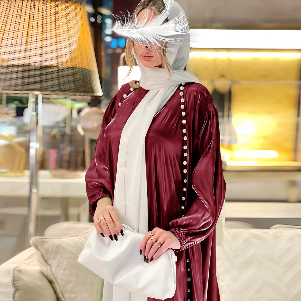 2025 Caftan Muslim Abaya Women Dress 2 Piece Set Abayas Gowns Dubai Arabic Silk Satin Kimono Cardigan Robe Outwear Autumn