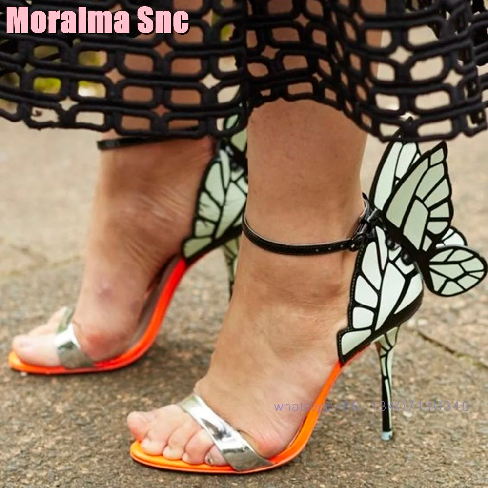 2025 New Back Butterfly Decor Wedding Shoes Bridal Sandals Stiletto High Heel Round Toe Ankle Buckle Bling Dress Shoes Banquet