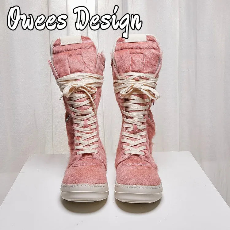 Men Horsehair Boots New Brand Shoes Women Genuine Leather High Top Zip Pockets Lace Up Shoes High Street Vintage Sneakers Unisex