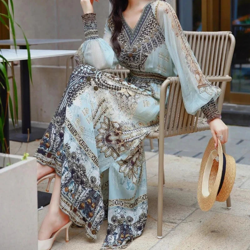 Spring Autumn New V-neck Long Sleeve Fashion Maxi Dress Women High Street Vintage Printing Dresses Elegant All-match Vestidos