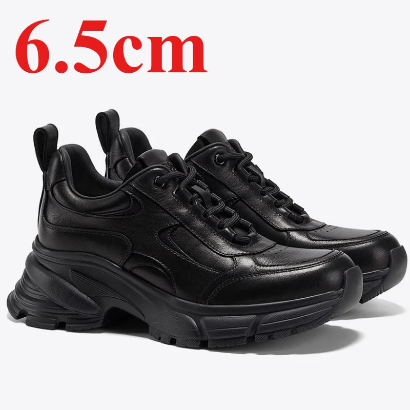 Europe Style White Elevated Shoes for Women's Casual Sports Daddy Shoes Breathable Genuine Leather Thick-soled Heightening Shoes