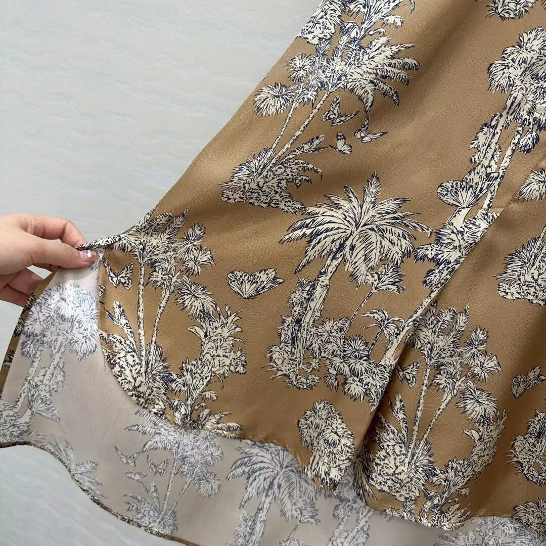 2025 New Autumn Vintage Coconut Tree Print Butterfly 100% Silk Long Shirt Women O-neck Long Sleeve Loose Casual Blouse Tops