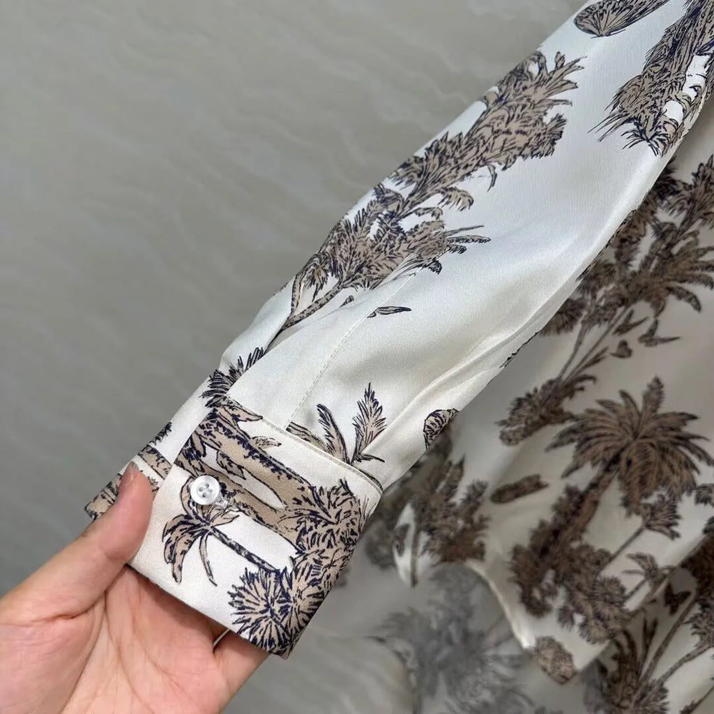 2025 New Autumn Vintage Coconut Tree Print Butterfly 100% Silk Long Shirt Women O-neck Long Sleeve Loose Casual Blouse Tops