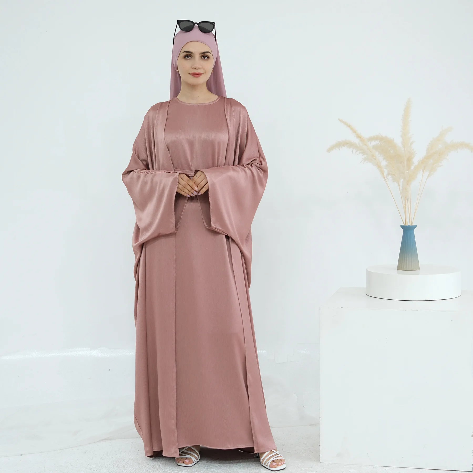 Ramadan Muslim Women 2 Piece Set Party Dresses Abaya Eid Jalabiya Sashes Morocco Dubai Kaftan Cardigan Robe Kimono Kebaya Caftan