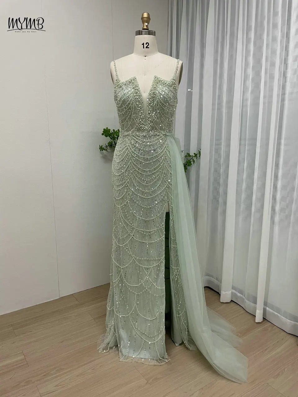 MYMB Pink Stunning Spaghetti Strap Side Split Evening Gowns for Women Party New Arrival Trendy Mermaid Tulle Beaded Evening Gown