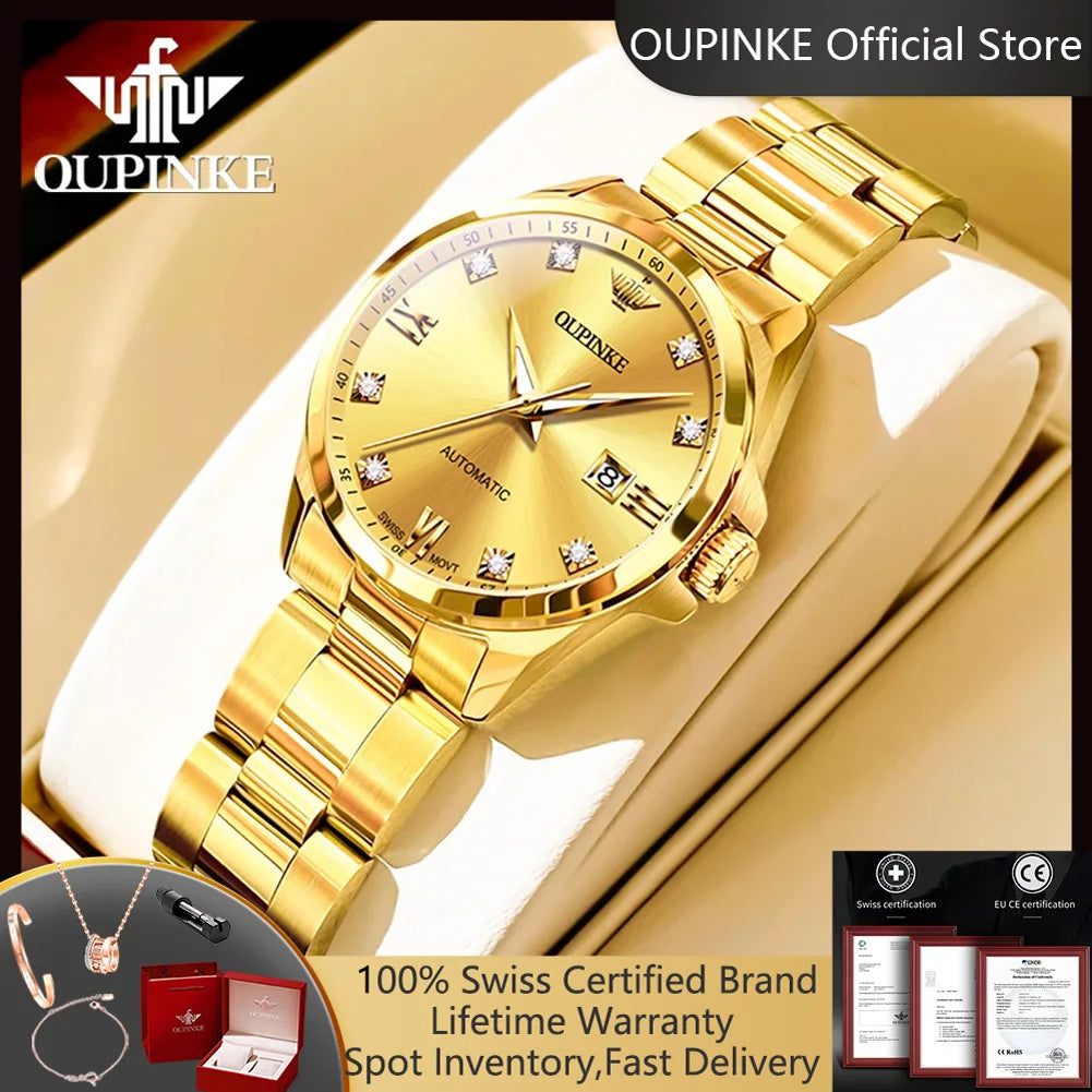 OUPINKE 3199 Real Diamond Swiss Automatic Watch for Women Original Top Brand Mechanical Women's Watches Luxury Ladies Wristwatch