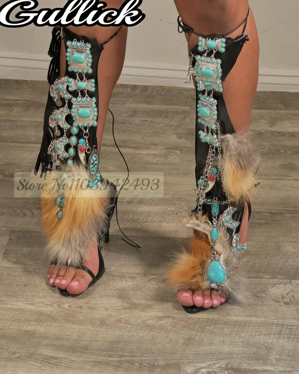 2025 Fur Heeled Sandals Fringe Gladiator Heels Blue Gem Decor Sandalias De Mujer Women Luxury Designer Shoes Summer New Zapatos