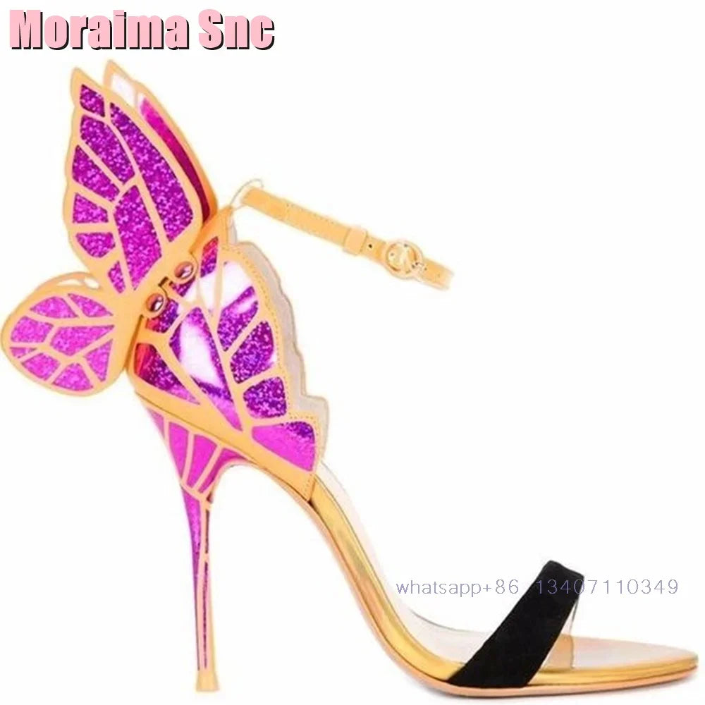 2025 New Back Butterfly Decor Wedding Shoes Bridal Sandals Stiletto High Heel Round Toe Ankle Buckle Bling Dress Shoes Banquet
