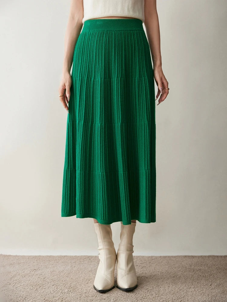 100% Cashmere Knitted Skirt Autumn Winter Women Elegant Tiered Pleats Slim A-line High Waisted Soild Office Lady Dress High-end