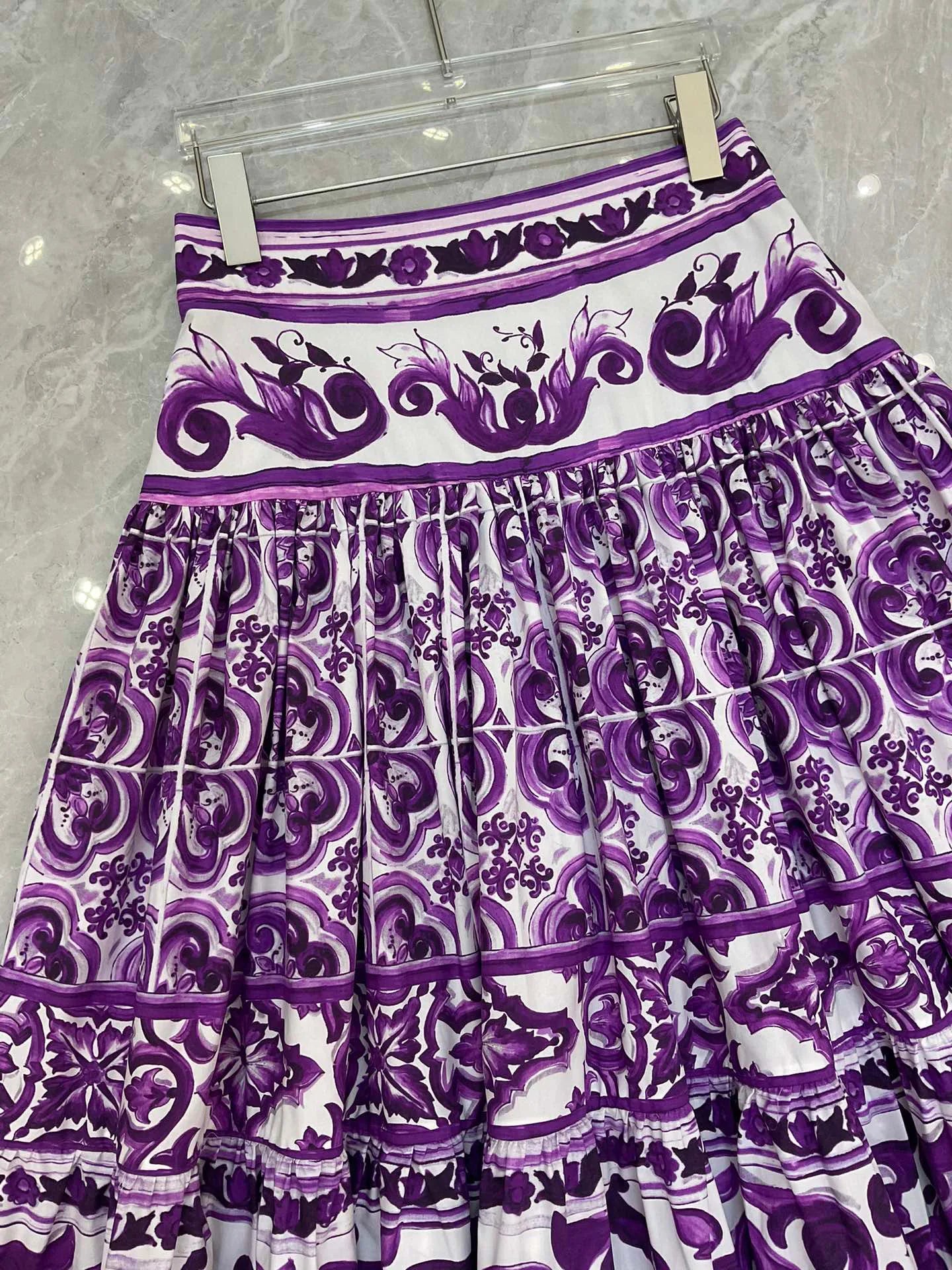 2025 New fashion 100% cotton skirt purple floral ceramics letter print pleated skirt for women female