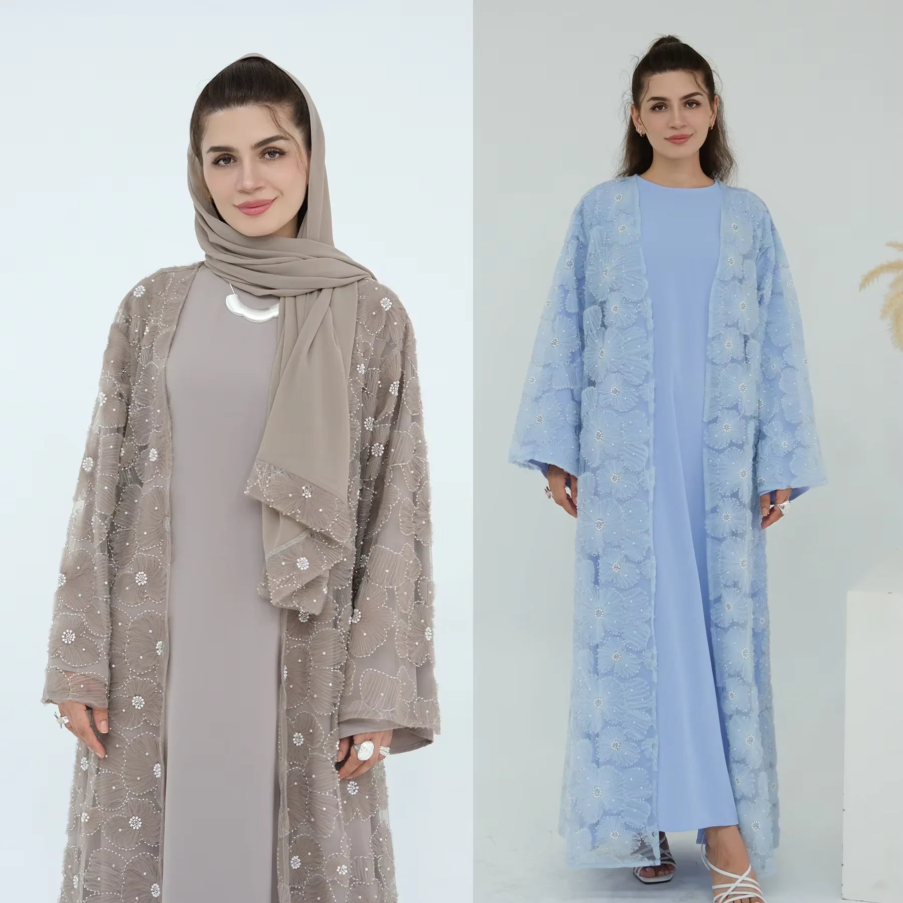 Luxury Dubai Lace Beads Cardigan Muslim Sets Women Hijab Abaya Kimono Jalabiya Ramadan Turkey Kaftan Robe Islam Clothing Caftan