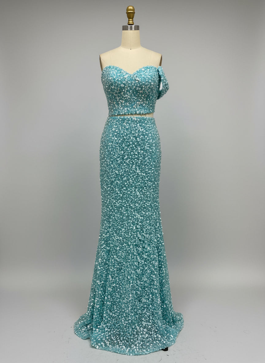 MYMB Elegant Blue Green Mermaid Gowns With High Split Sequin Formal Dresses Ruched Detailing Beading Natural Waistline MY30172