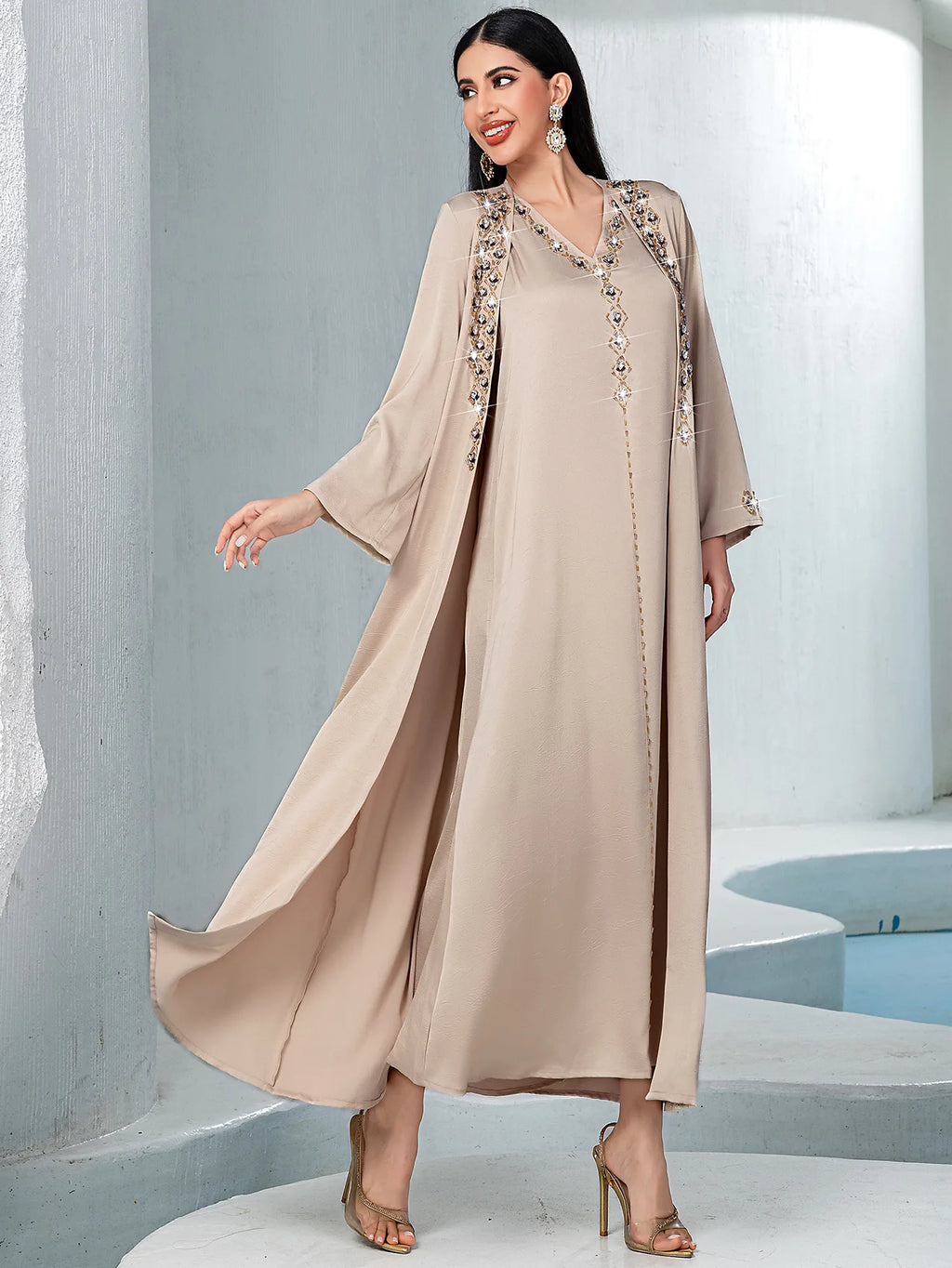 Dubai Diamonds Abayas for Women Muslim Dress 2pcs Set Kimono Jalabiya Kebaya Caftan Marocain Femme Robe Islam Clothing Vestidos