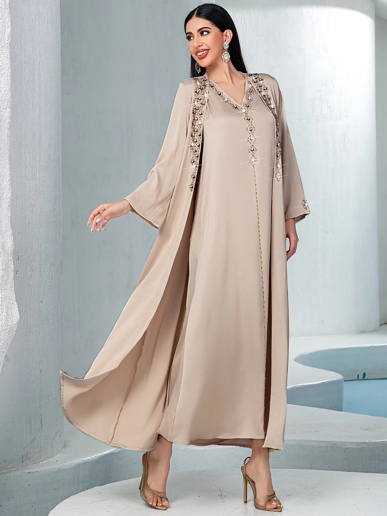 Dubai Diamonds Abayas for Women Muslim Dress 2pcs Set Kimono Jalabiya Kebaya Caftan Marocain Femme Robe Islam Clothing Vestidos