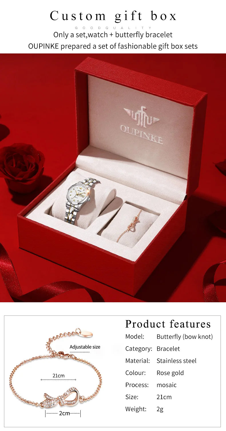 OUPINKE 3169 Women Watch Luxury Elegant Stainless Quartz Wristwatch Waterproof Luminous Ladies Date Fashion Watch Dual Calendar