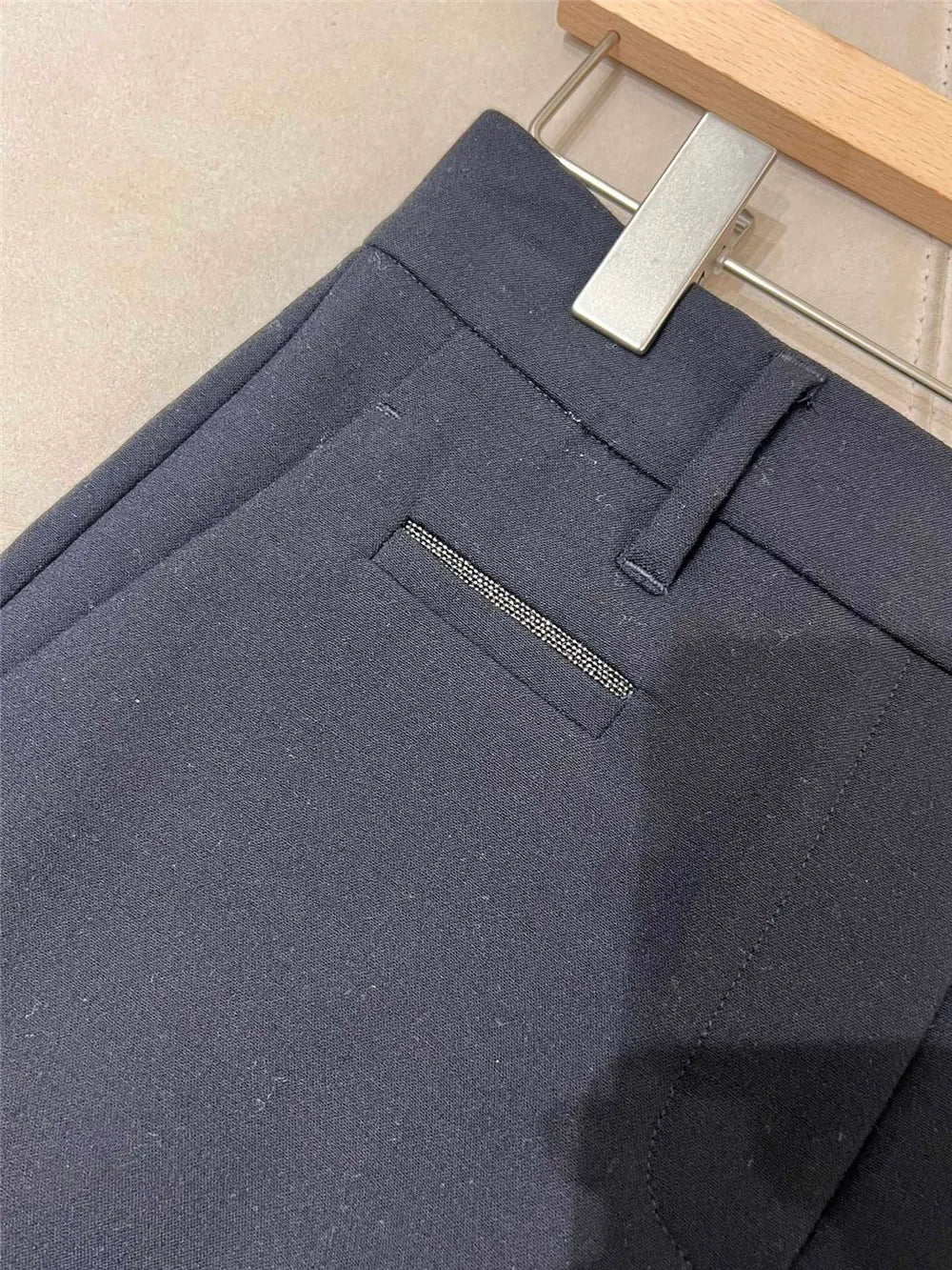Worsted Wool Four Side Stretch Straight pants Black Casual Suit Trousers Women New B C